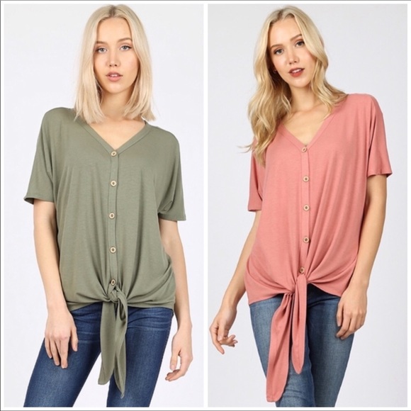 Tan Button-Up Knot Front Tee - Picture 3 of 7